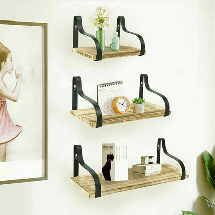 Set of 3 Corner Wall Shelves Industrial Style Metal Wood Shelving Shelf Storage