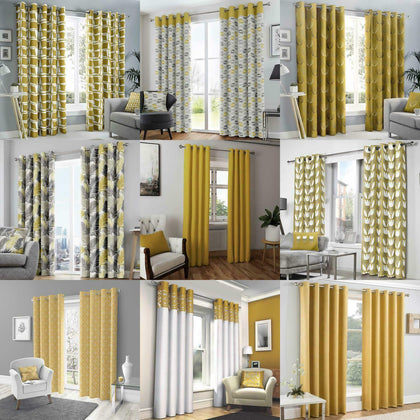 Mustard Eyelet Curtain Pairs Yellow Ochre Ring Top Lined Ready Made Curtains