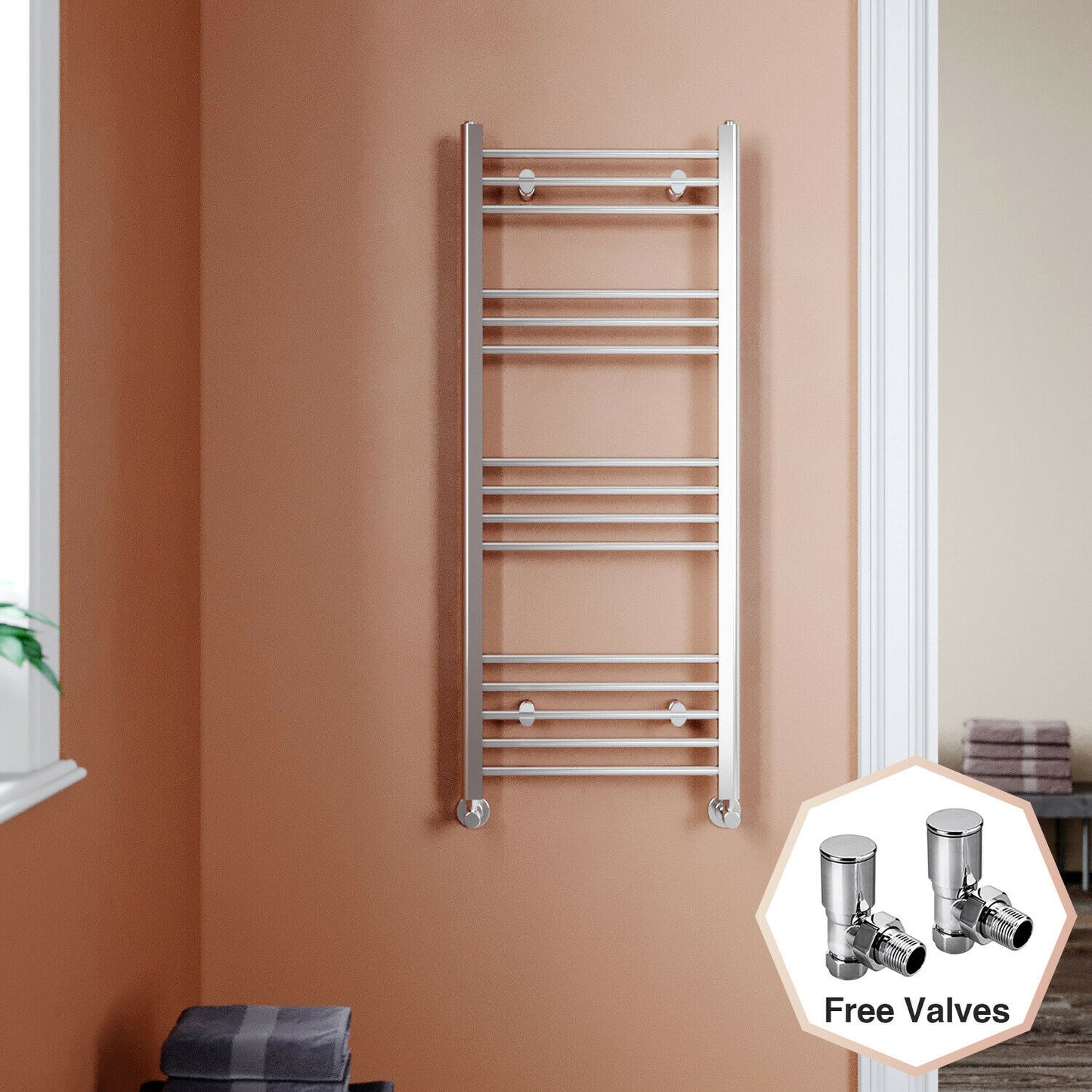 Chrome Towel Rail Radiator Rads Bathroom Heated Straight Ladder Warmer w/ Valves