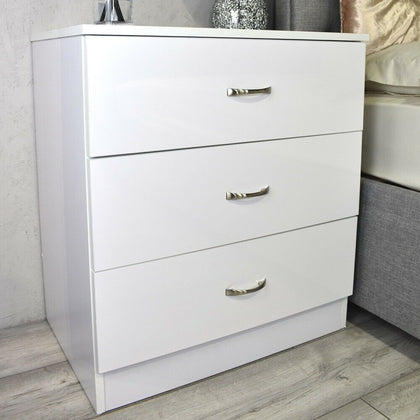 White High Gloss Deep 3 Drawer Bedroom Chest of Drawers. Matt white frame.