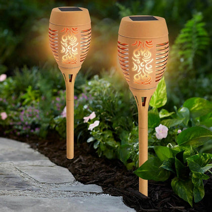 2 x Solar Dancing Flame Torch Stake Light LED Flickering Garden Lights Beige