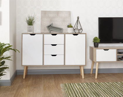 STOCKHOLM RANGE SIDEBOARD CUPBOARD CABINET W/ DRAWERS SHELVES WHITE & OAK FINISH