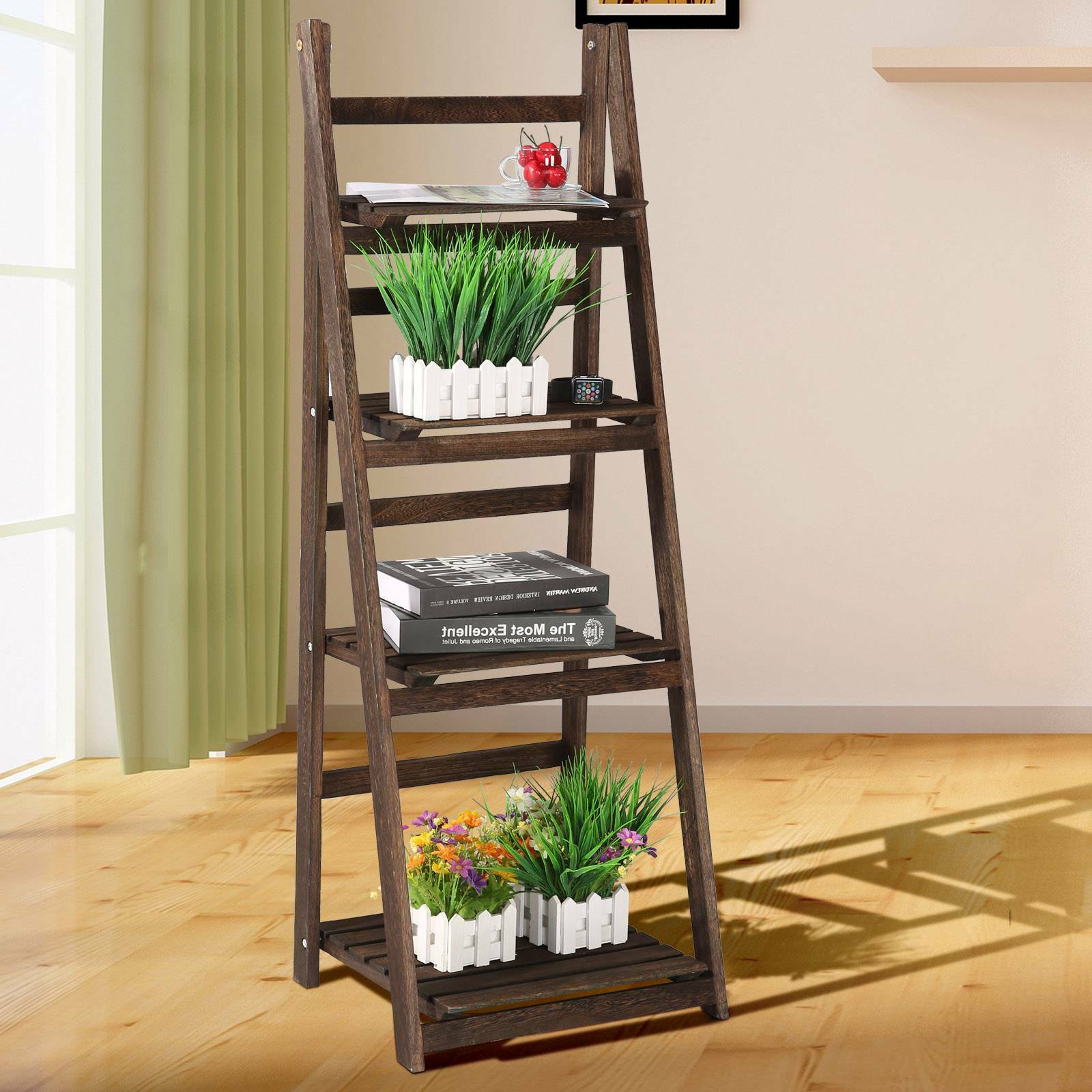 4 Tier Ladder Book Shelf Bookcase Garden Flower Plant Pot Display Rack Wooden