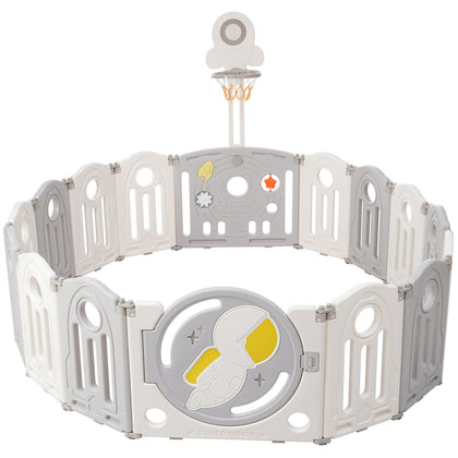 2in1 16 Panel Foldable Baby Playpen with Activity Panel and Basketball Hoop Grey