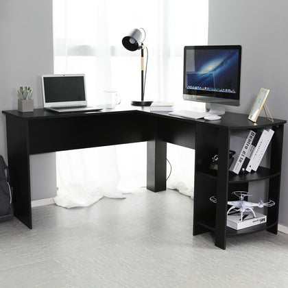 Black L-shaped Computer Desk Corner PC Table Workstation Home Office w/ Shelves