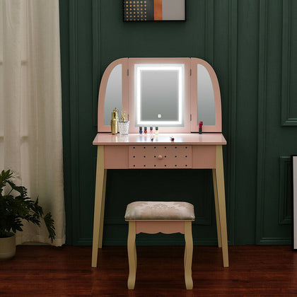 Large Dressing Table Makeup Vanity Desk Drawers W/ LED Lights Mirror & Stool