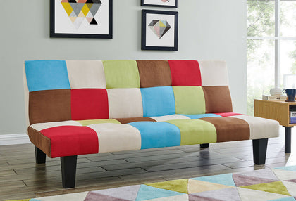 Patchwork Sofa Bed Click-Clack 3 Seater Rainbow Multi-Coloured Sofa Retro Style