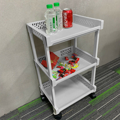 3 Tiers Plastic Kitchen Carts Trolley With Wheels Bathroom Storage Rack Cream