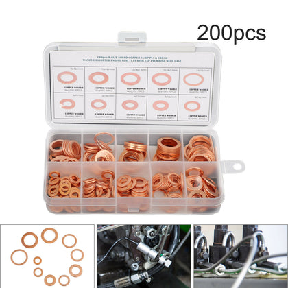 UK 200pcs Copper Washer Gasket Set Flat Ring Seal Assortment Kit w/ Box M5-M14