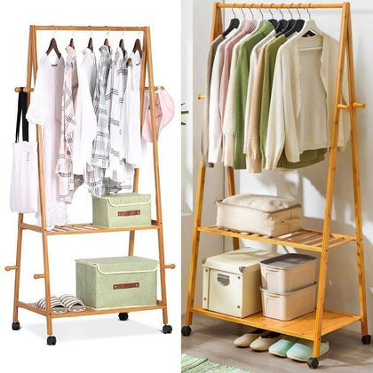 Heavy Duty Wooden Clothes Rail Wardrobe Hanging Garment Shoe Rack Rolling Stand