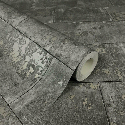 Rasch Charcoal Grey Concrete Brick Wall Distressed Stone Metallic Wallpaper