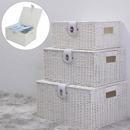 SET OF 3 Storage Baskets Resin Wicker Woven Hamper Box Lid & Lock Stackable UK