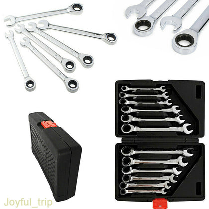 12 Ratchet Spanner Tool Set 8-19mm Ratcheting Wrench Spanners Garage Chrome Case
