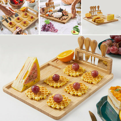 Large Natural Bamboo Cheese Board Set includes 4 Cheese Knives Cutting & Serving