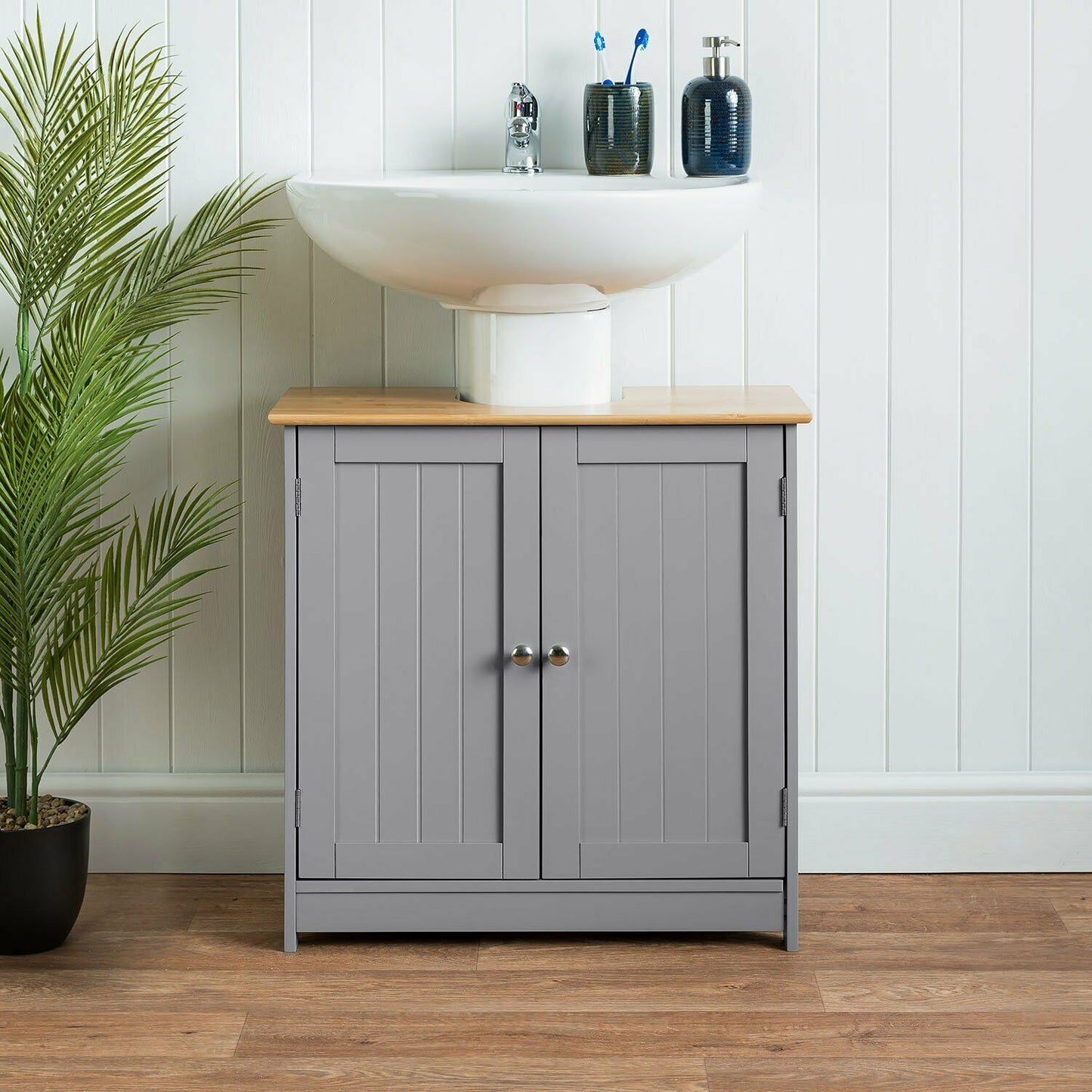 Bathroom Under Sink Cabinet Grey Bamboo Wooden Storage Cupboard Unit Christow
