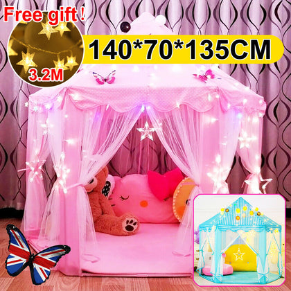 Children Kids Play Tent Fairy Princess Girls Boys Hexagon Playhouse House + Lamp