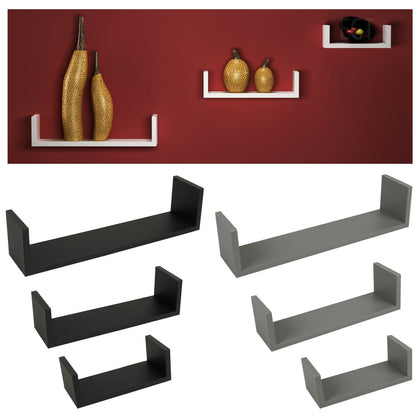 Set Of 3 U Shaped Floating Wooden Wall Mounting Shelf Display Unit Book Storage