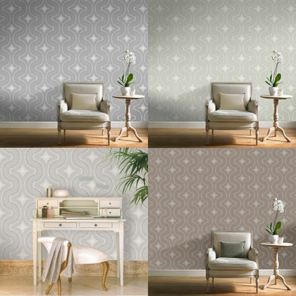 Grandeco Diamond Embossed Wavy Glitter Vinyl Geometric Retro Style Wallpaper