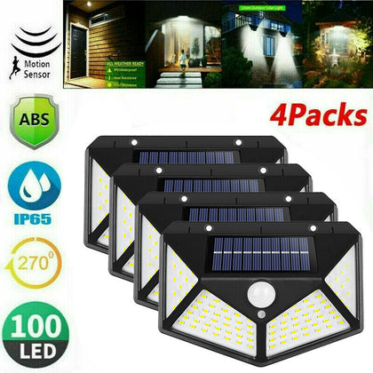 4X 100LED Solar Power PIR Motion Sensor Wall Light Outdoor Garden Security Lamps