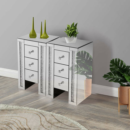 Mirrored Crystal Diamond Side Glass 3 Drawers Bedside Cabinet Tables Furniture