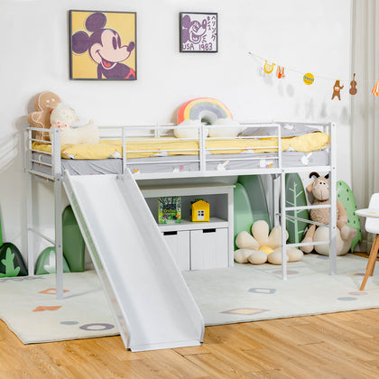 Kids Single Loft Bed Children Mid Sleeper Bunk Bed W/ Slide & Safety Guardrails