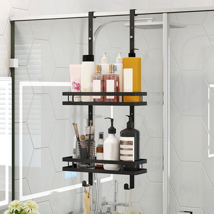 2 Tiers Shower Holder Shelf Rack Bathroom Door Hanging Tray Black Basket 73x35cm