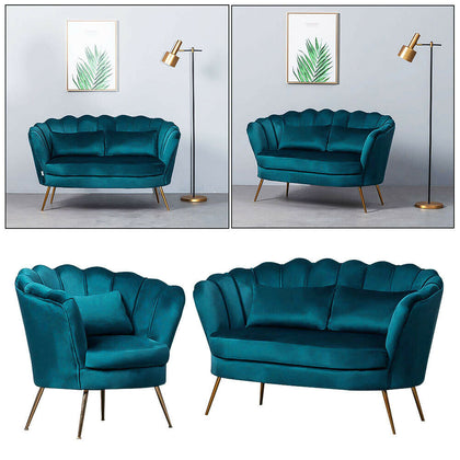 Emerald Green Velvet Sofa 2 Seater+Armchair Scallop Shell Tub Chair Settee Couch