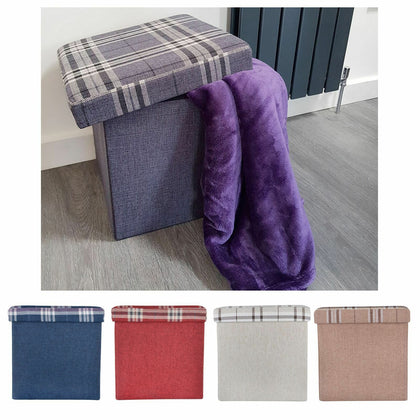 Folding Storage Ottoman Linen Look Plaid Check Fabric Stool Footstool Toy Box