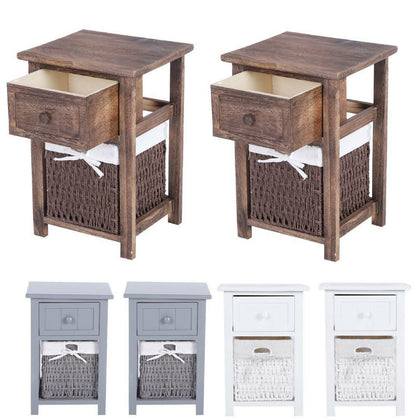 Set of 2 Wooden Bedside Tables NightStand Cabinet Storage Drawer Wicker Baskets