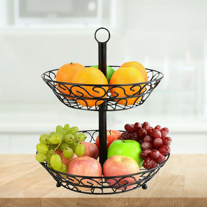 2 Tier Metal Wire Fruit Basket Bread Snake Vegetable Storage Display Holder Bowl