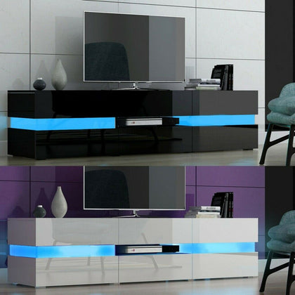 Large 177cm LED TV Unit Stand Cabinet High Gloss Doors and Matt Body White Black
