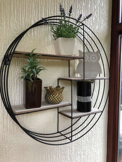 RETRO ROUND METAL & WOOD WALL SHELF BOYS ROOM WALL SHELF DECOR INDUSTRIAL SHELF