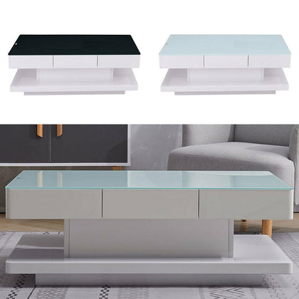 Rectangular High Gloss White Coffee Table with 2 Drawers Shelf Side Centre Stand