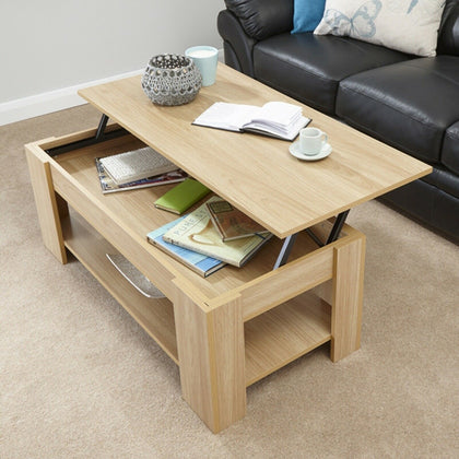Wooden Coffee Table With Storage Drawer Lift Top Up Desk Shelf Living Room Oak