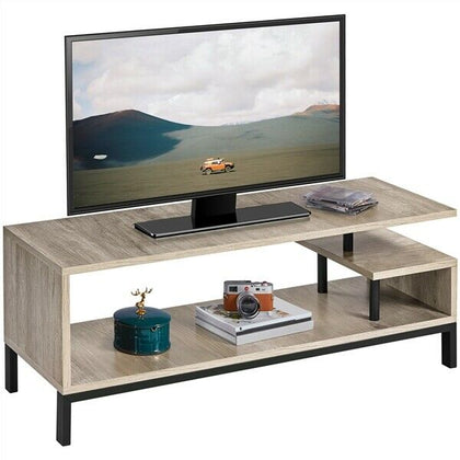 Wood TV Stand Table for TV up to 55 inch, TV Bench w/ Metal Frame Storage Shelf
