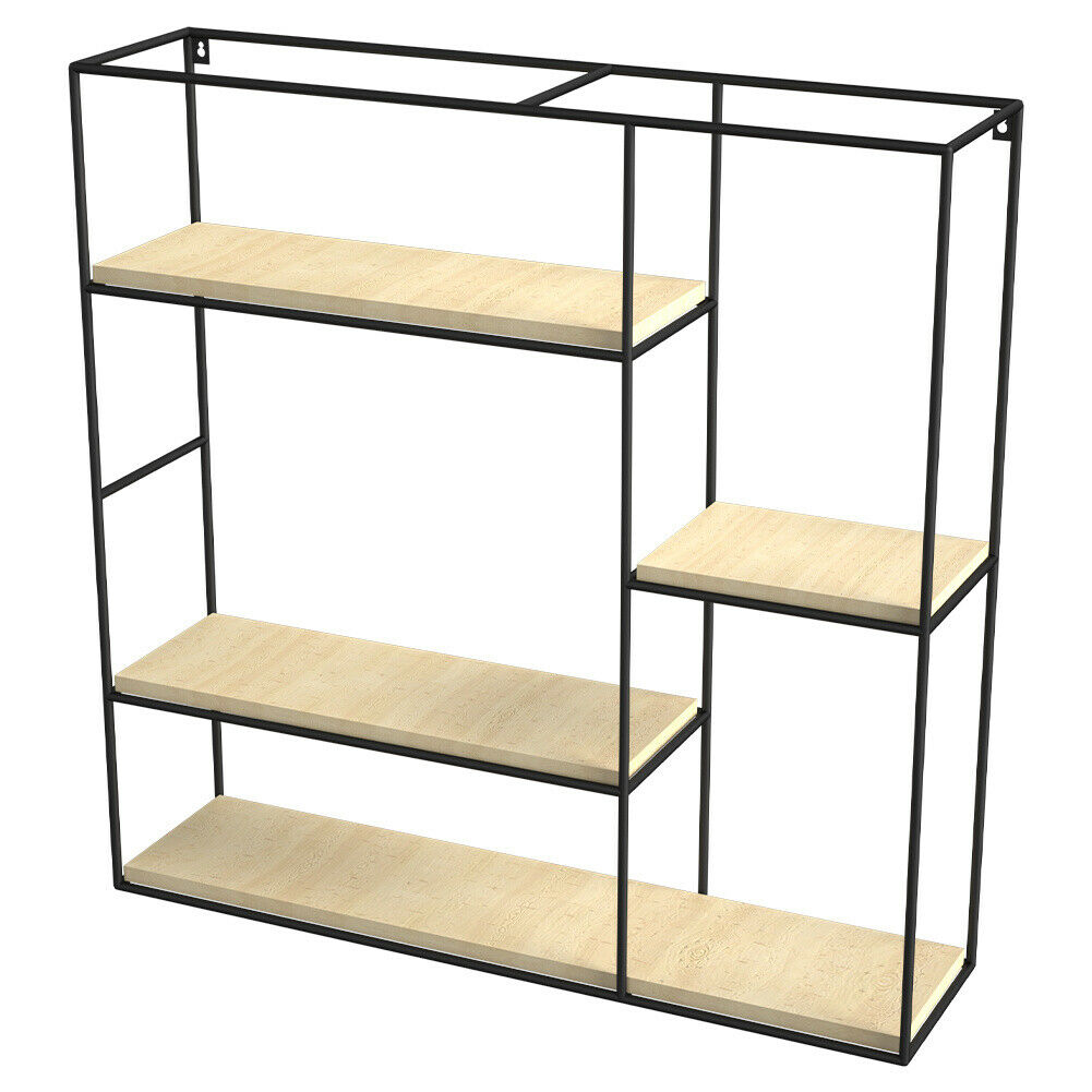 4 Tier Metal Wood Floating Wall Shelf Square Shelving Unit Storage Display Rack