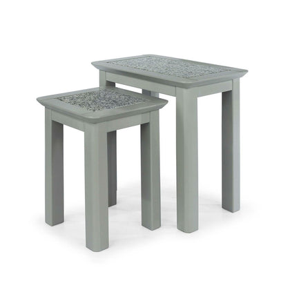 Grey Painted Nest of 2 Tables Solid Wood Stone Top Home Living Room Furniture