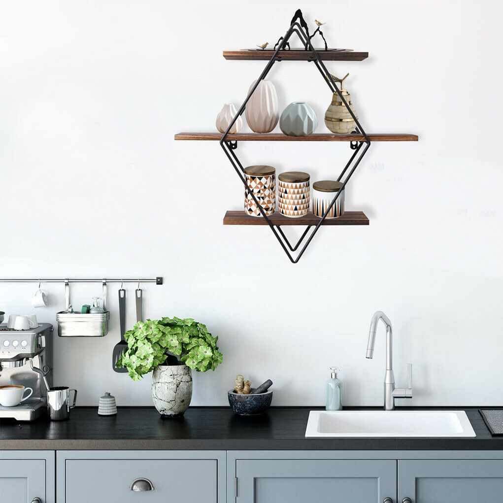 3 Tiers Diamond Floating Shelf Wall Mounted Storage Shelving Vintage Wooden Rack