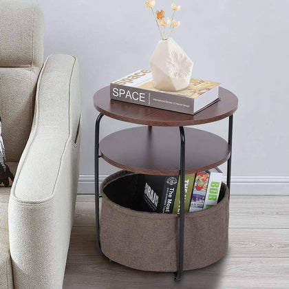 3-Tier Round Sofa Side End Tray Coffee Table Bedside Desk with Storage Basket