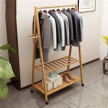 Bamboo Clothes Rail Rack Garment Hanging Display Coat Storage Shelf Stand Wheels