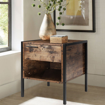 Rustic Bedside Table With Drawer Metal Black Legs Side Table Bedroom Furniture