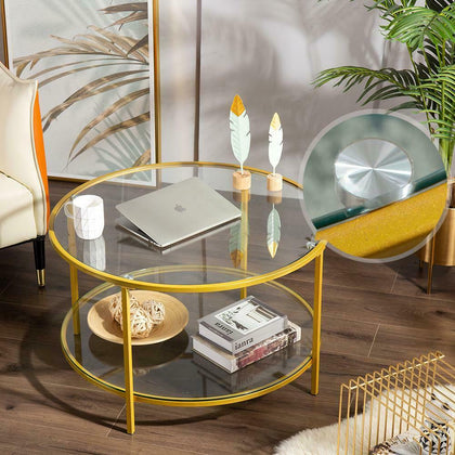 Modern Double Glass Gold Round Glass Coffee Table Side End Living Room