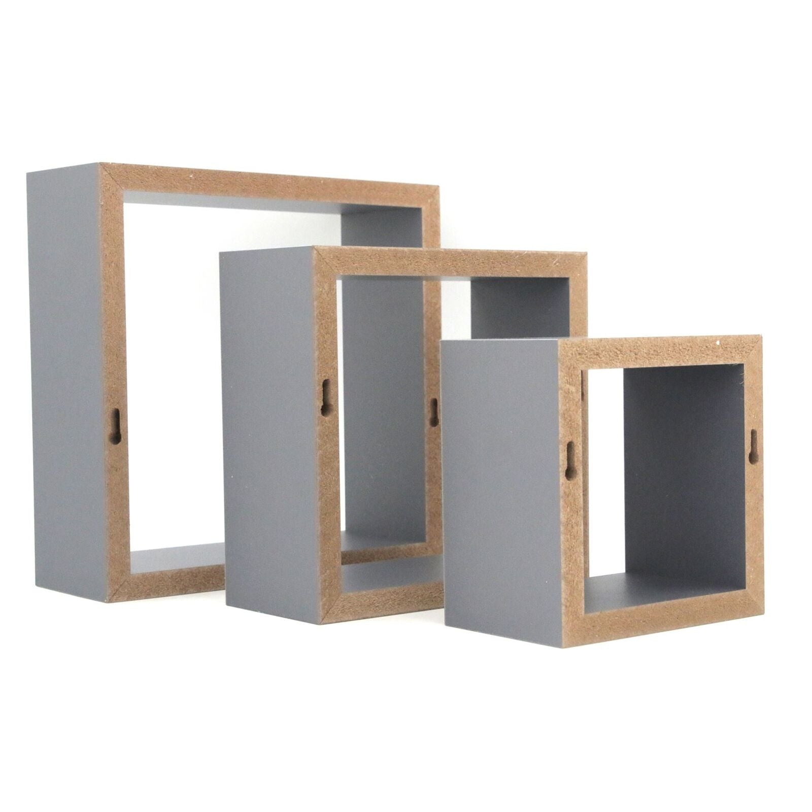 Square Display Shelves Floating Wooden Wall Storage - 3 Sizes - Grey - Set of 3