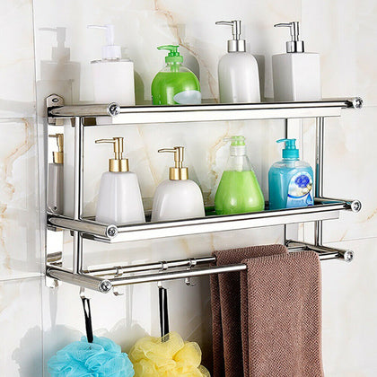 Bathroom Shower Caddy Stainless Steel Shampoo Holder Shelf With Towel Rail Hooks