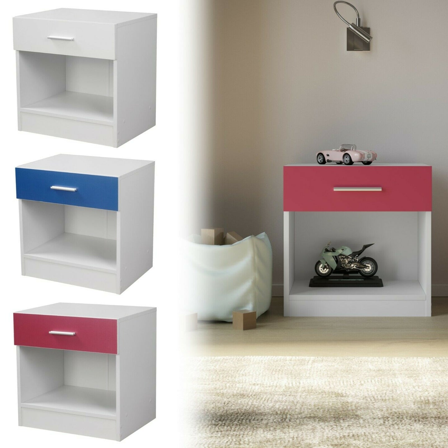 Orlando 1 Drawer Wooden Kids Bedroom Bedside Cabinet Nightstand Side Table Shelf