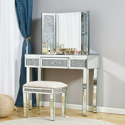 Bedroom 1/2 Drawers Mirrored Glass Dressing Table Cushioned Stool Mirror Set UK