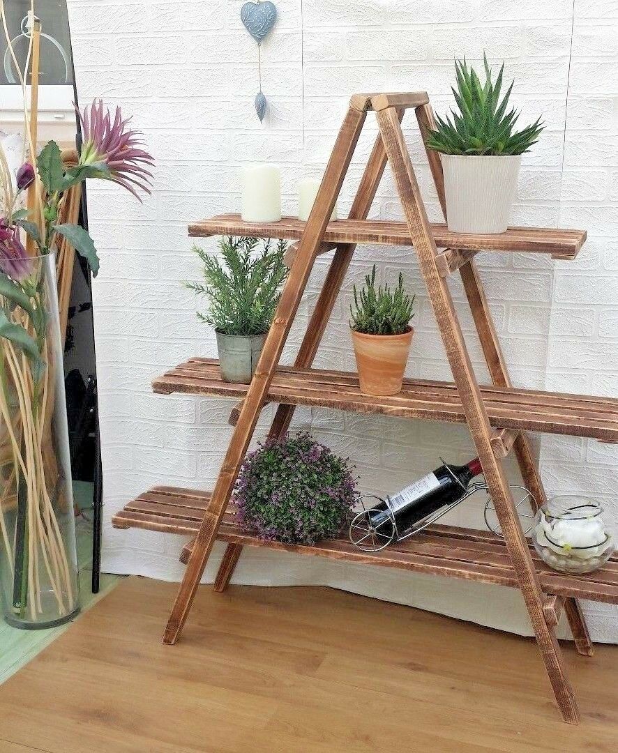 Rustic 3 Tier Wooden Ladder Shelf Shelves Bookcase Plant Flower Shelving