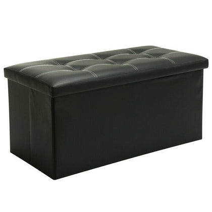 LARGE FAUX LEATHER FOLDING OTTOMAN POUFFE FOOT STOOL STORAGE BOX BLACK DOUBLE