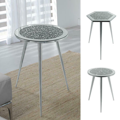 Mirrored Glass Side Table Crystal Diamante Top Tripod Silver Legs Cocktail Party