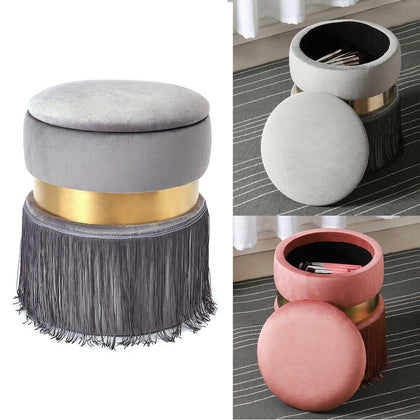 Round Ottoman Storage Box Stool Velvet Padded Tassel Dressing Table Vanity Chair